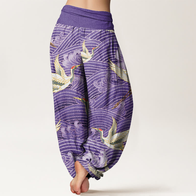 Buddha Stones Cotton Casual Crane Ocean Waves Pattern Elastic Waist Women's Harem Pants - image 8