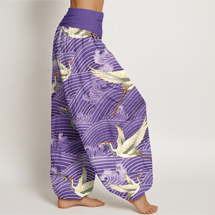 Buddha Stones Cotton Casual Crane Ocean Waves Pattern Elastic Waist Women's Harem Pants - image 9