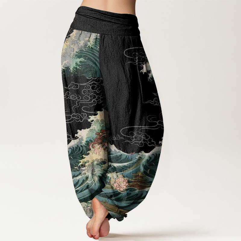Buddha Stones Casual Blooming Lotuse Wave Pavilion Pattern Women's Elastic Waist Harem Pants - image 1
