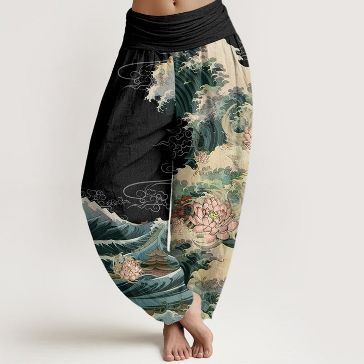 Buddha Stones Casual Blooming Lotuse Wave Pavilion Pattern Women's Elastic Waist Harem Pants - Black - US22，UK/AU26，EU54 (6XL) - image 0