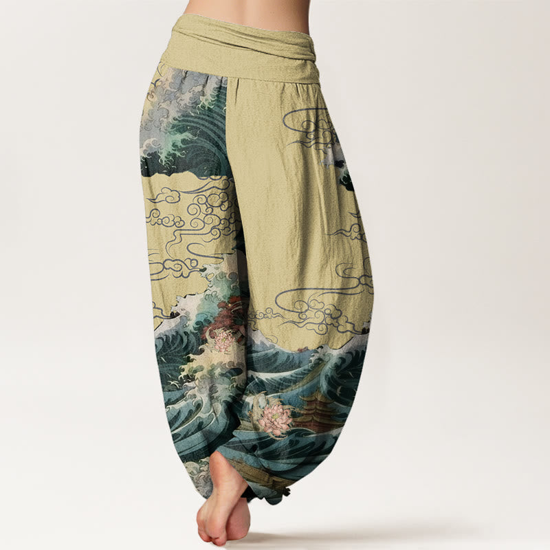 Buddha Stones Casual Blooming Lotuse Wave Pavilion Pattern Women's Elastic Waist Harem Pants - image 5