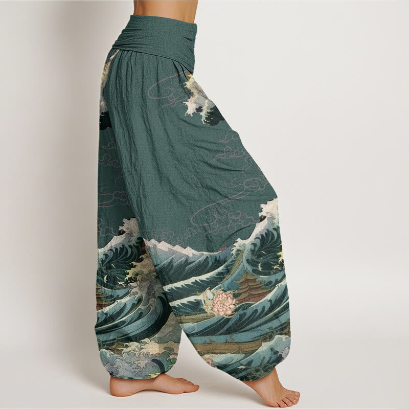 Buddha Stones Casual Blooming Lotuse Wave Pavilion Pattern Women's Elastic Waist Harem Pants - image 9