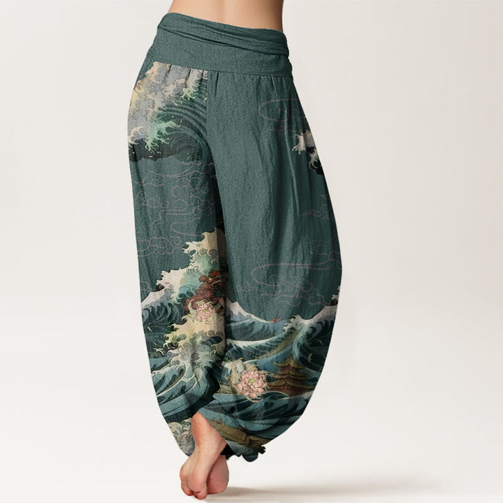 Buddha Stones Cotton Casual Blooming Lotuse Wave Pavilion Pattern Women's Elastic Waist Harem Pants - image 8