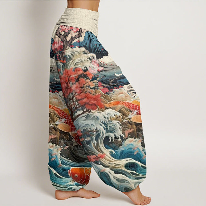 Buddha Stones Casual Blossoming Tree Koi Fish Wave Mountain Pattern Women's Elastic Waist Harem Pants - image 2