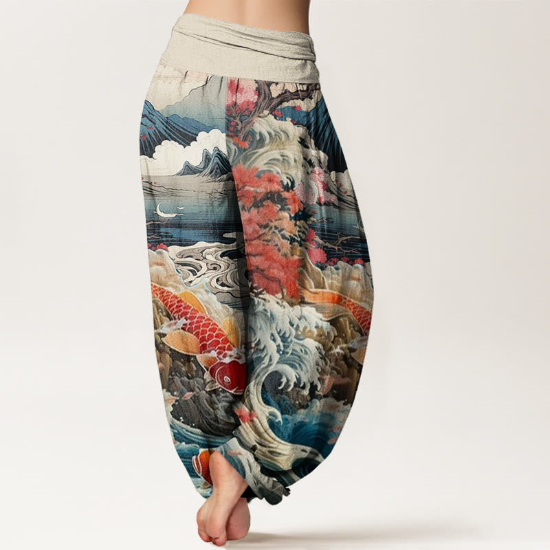 Buddha Stones Casual Blossoming Tree Koi Fish Wave Mountain Pattern Women's Elastic Waist Harem Pants - image 1