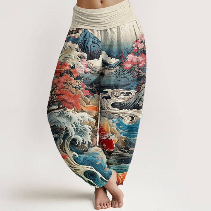 Buddha Stones Casual Blossoming Tree Koi Fish Wave Mountain Pattern Women's Elastic Waist Harem Pants - Beige - US22，UK/AU26，EU54 (6XL) - image 0
