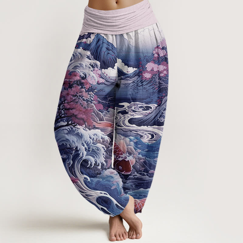Buddha Stones Cotton Casual Blossoming Tree Koi Fish Wave Mountain Pattern Women's Elastic Waist Harem Pants - Plum - US22，UK/AU26，EU54 (6XL) - image 4
