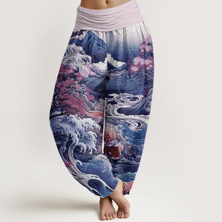 Buddha Stones Casual Blossoming Tree Koi Fish Wave Mountain Pattern Women's Elastic Waist Harem Pants - Plum - US22，UK/AU26，EU54 (6XL) - image 4