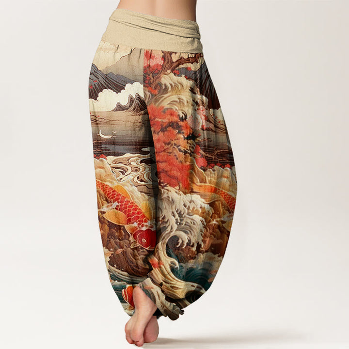 Buddha Stones Casual Blossoming Tree Koi Fish Wave Mountain Pattern Women's Elastic Waist Harem Pants - image 8