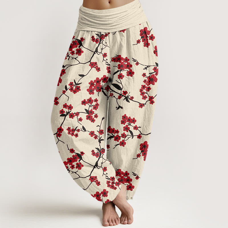 Buddha Stones Cotton Red Peach Blossom Pattern Women's Elastic Waist Harem Pants - LightGoldenrodYellow - US22，UK/AU26，EU54 (6XL) - image 0