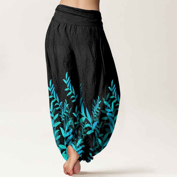 Buddha Stones Cotton Casual Leaves Pattern Women's Elastic Waist Harem Pants - image 1