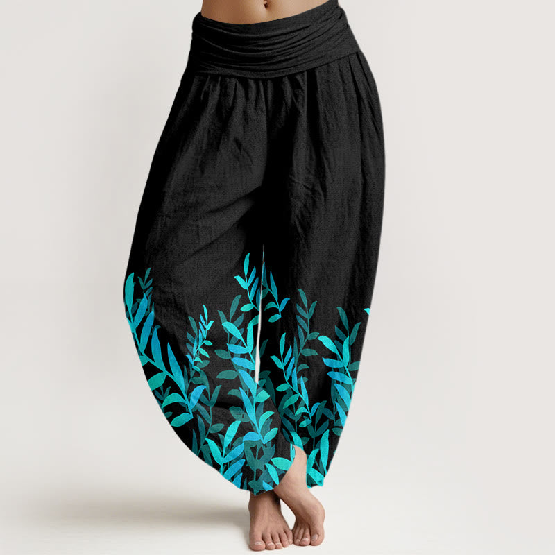 Buddha Stones Cotton Casual Leaves Pattern Women's Elastic Waist Harem Pants - Black - US22，UK/AU26，EU54 (6XL) - image 0