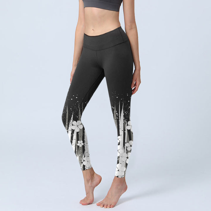 Buddha Stones White Flowers Aquatic Plants Pattern Print Gym Leggings Women's Yoga Pants - Black - US18，UK/AU22，EU50 (4XL) - image 0