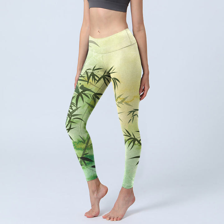 Buddha Stones Blooming Bamboo Pattern Print Gym Leggings Women's Yoga Pants - YellowGreen - US18，UK/AU22，EU50 (4XL) - image 0
