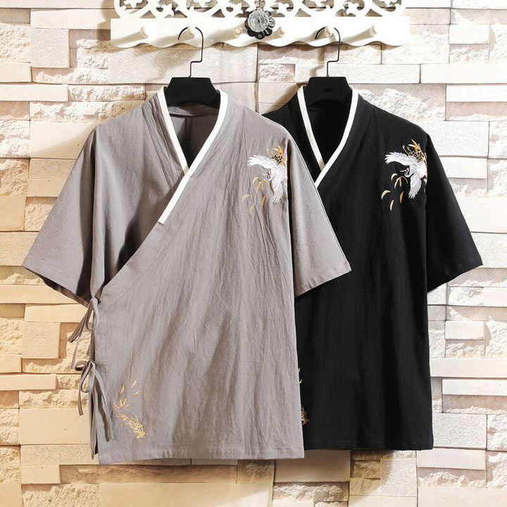 Buddha Stones Tang Suit Embroided Crane Pattern Lace-Up Side Men's Cotton Linen Short Sleeve T-Shirt - image 12