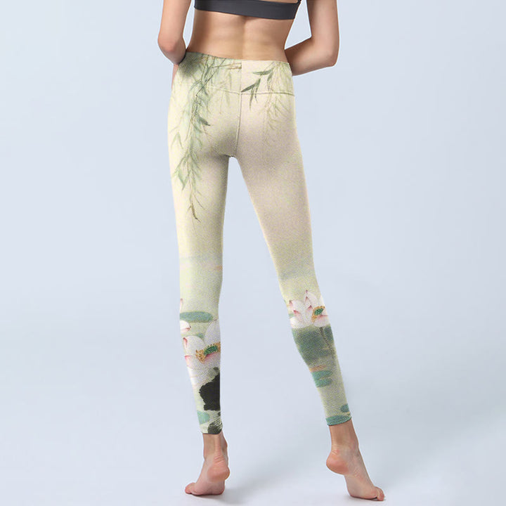 Buddha Stones Willow Leaves Lotus Pond Pattern Print Gym Leggings Women's Yoga Pants - image 6