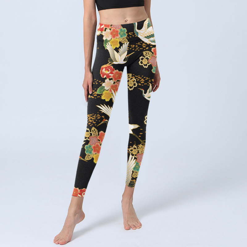 Buddha Stones Red-Crowned Cranes Colorful Floral Pattern Print Gym Leggings Women's Yoga Pants - image 5