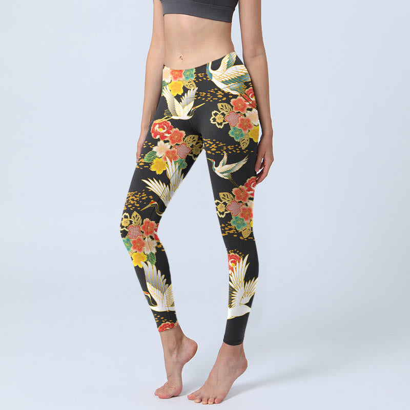 Buddha Stones Red-Crowned Cranes Colorful Floral Pattern Print Gym Leggings Women's Yoga Pants - Black - US18，UK/AU22，EU50 (4XL) - image 0
