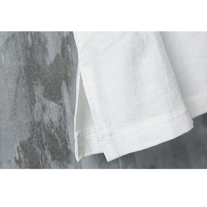 Buddha Stones Summer Chinese Frog-Button Printing Men's Plain Patchwork Half Sleeve Cotton Linen Shirt - image 6