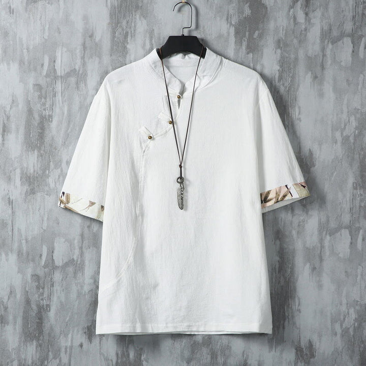 Buddha Stones Summer Chinese Frog-Button Printing Men's Plain Patchwork Half Sleeve Cotton Linen Shirt - White - US/UK/AU46，EU56 (5XL) - image 1