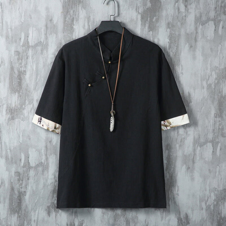 Buddha Stones Summer Chinese Frog-Button Printing Men's Plain Patchwork Half Sleeve Cotton Linen Shirt - Black - US/UK/AU46，EU56 (5XL) - image 7