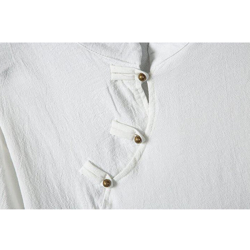 Buddha Stones Summer Chinese Frog-Button Printing Men's Plain Patchwork Half Sleeve Cotton Linen Shirt - image 3