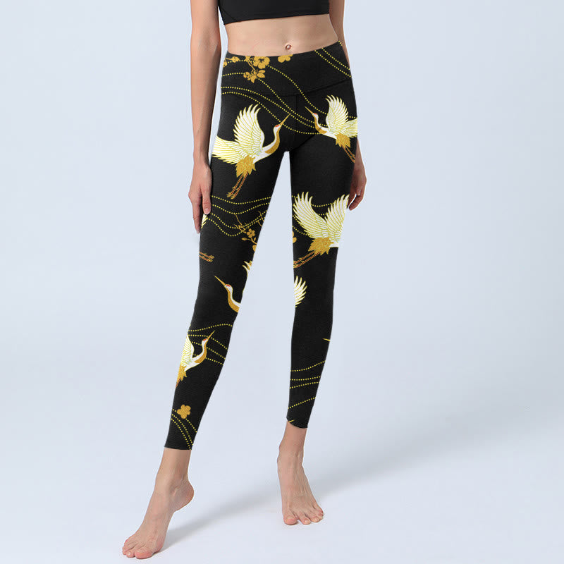 Buddha Stones Red-crowned Cranes Golden Flowers Line Pattern Print Gym Leggings Women's Yoga Pants - image 5