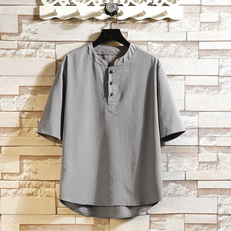 Buddha Stones Vintage Casual Solid Color Men's Short Sleeve Shirt Jacket - Gray - US/UK/AU46，EU56 (5XL) - image 0
