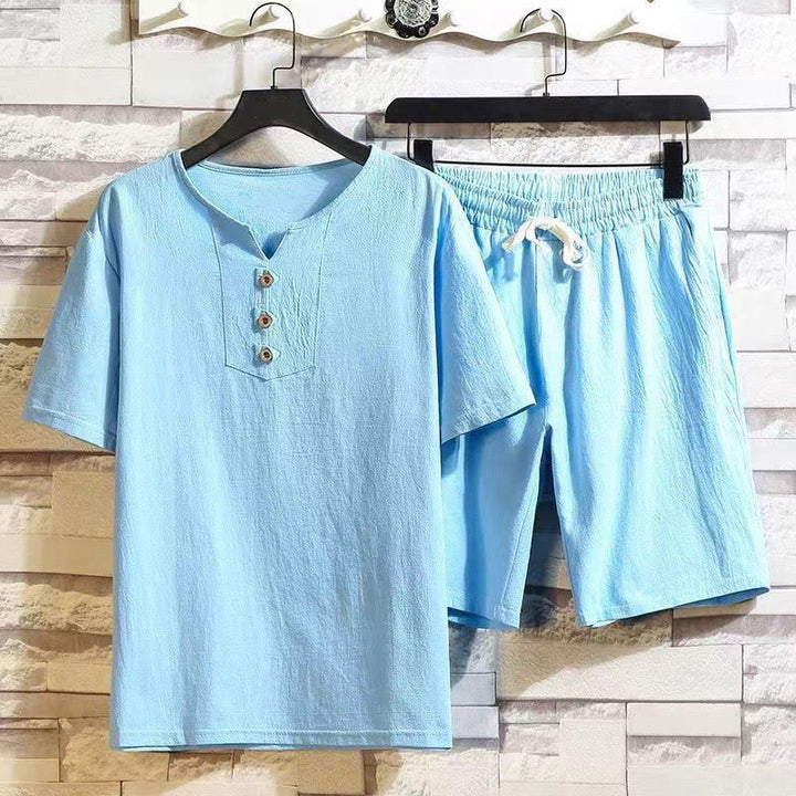 Buddha Stones 2Pcs Short Sleeve T-Shirt Drawstring Short Pants With Pockets Men's Cotton Linen Meditation Cloth Set - LightSkyBlue - US/UK/AU46，EU56 (5XL) - image 13