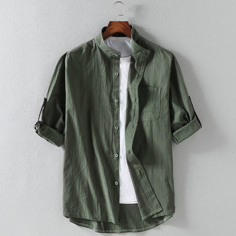 Buddha Stones Vintage Casual Plain Single Breasted Three Quarter Sleeve Men's  Shirt With Pocket - DarkGreen - US/UK/AU46，EU56 (5XL) - image 0