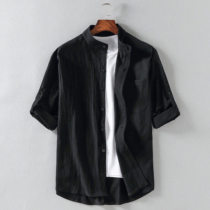 Buddha Stones Vintage Casual Plain Single Breasted Three Quarter Sleeve Men's  Shirt With Pocket - Black - US/UK/AU46，EU56 (5XL) - image 15