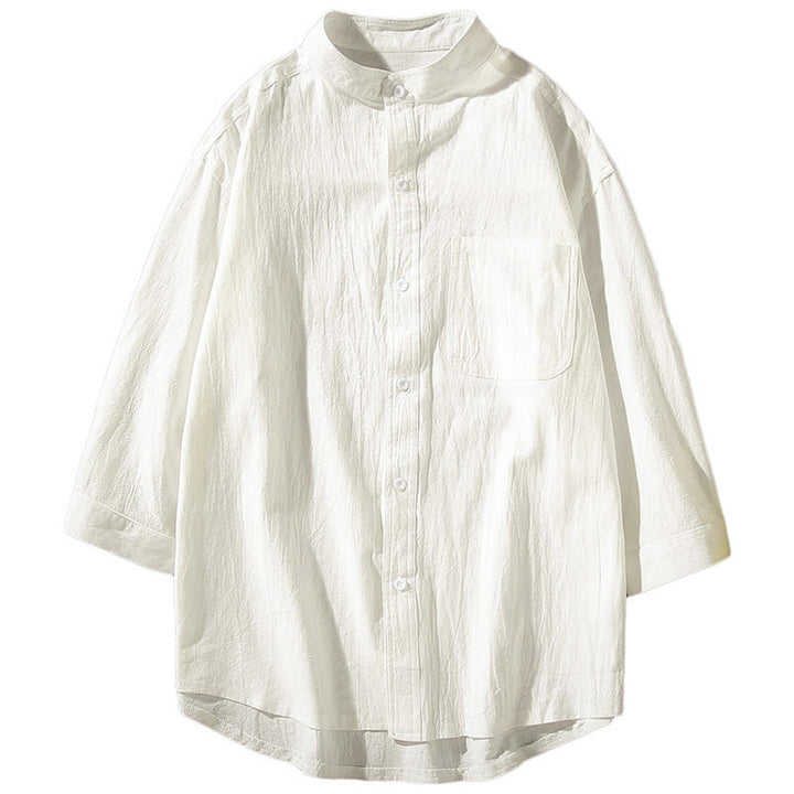 Buddha Stones Vintage Casual Plain Single Breasted Three Quarter Sleeve Men's Cotton Linen Shirt With Pocket - image 14