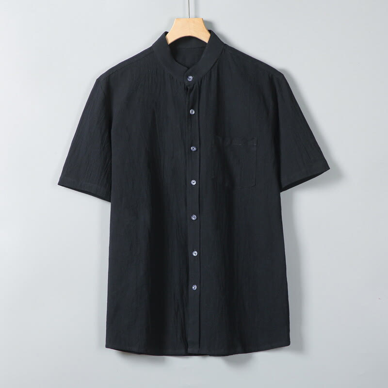 Buddha Stones Daily Printing Solid Color Single Breasted Men's Short Sleeve Cotton Linen Shirt WIth Pockets - Black - US/UK/AU46，EU56 (5XL) - image 8