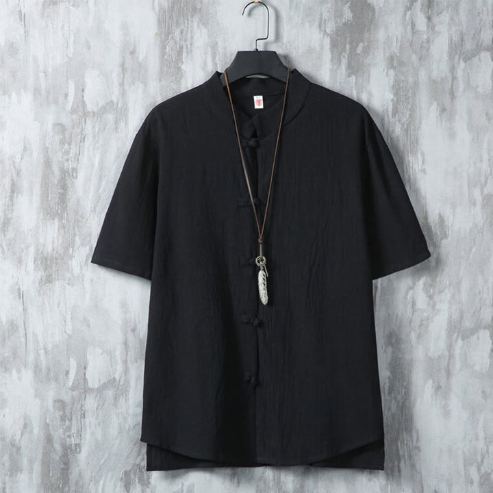 Buddha Stones Daily Casual Plain Chinese Frog-Button Men's Short Sleeve Cotton Linen Shirt - Black - US/UK/AU46，EU56 (5XL) - image 10