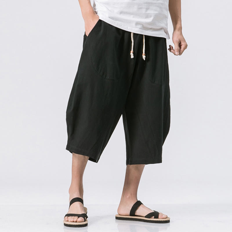 Buddha Stones Summer Casual Simple Plain Design 7-8 Length Men's Cotton Linen Drawstring Pants With Pockets - Black - US/UK/AU46，EU56 (5XL) - image 9