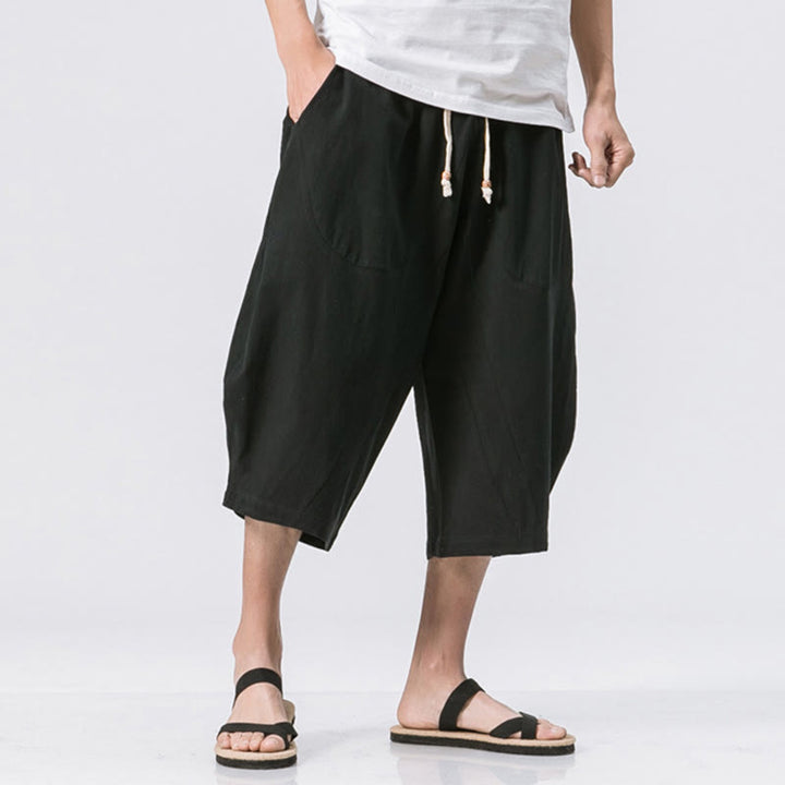 Buddha Stones Summer Casual Simple Plain Design 7-8 Length Men's Cotton Linen Drawstring Pants With Pockets - Black - US/UK/AU46，EU56 (5XL) - image 9