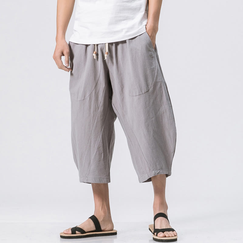 Buddha Stones Summer Casual Simple Plain Design 7-8 Length Men's Cotton Linen Drawstring Pants With Pockets - LightGrey - US/UK/AU46，EU56 (5XL) - image 1