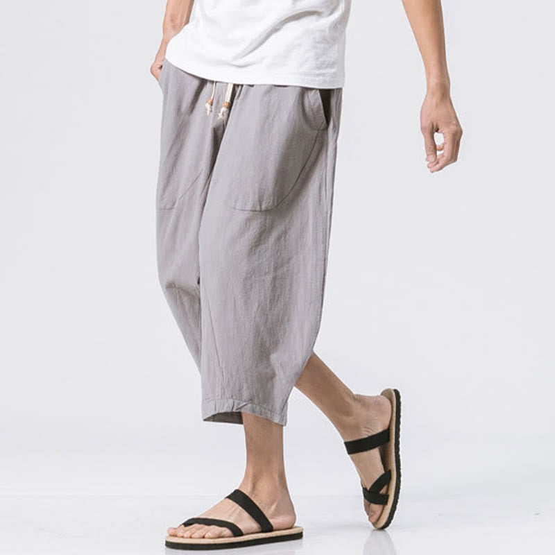 Buddha Stones Summer Casual Simple Plain Design 7-8 Length Men's Cotton Linen Drawstring Pants With Pockets - image 2