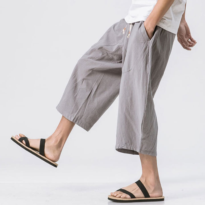 Buddha Stones Summer Casual Simple Plain Design 7-8 Length Men's Cotton Linen Drawstring Pants With Pockets - image 4