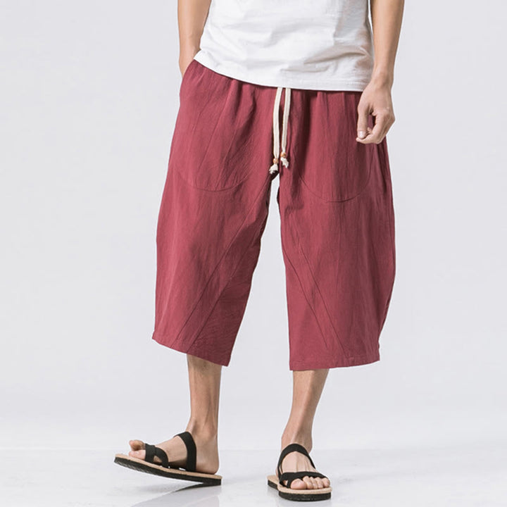 Buddha Stones Summer Casual Simple Plain Design 7-8 Length Men's Cotton Linen Drawstring Pants With Pockets - Crimson - US/UK/AU46，EU56 (5XL) - image 5