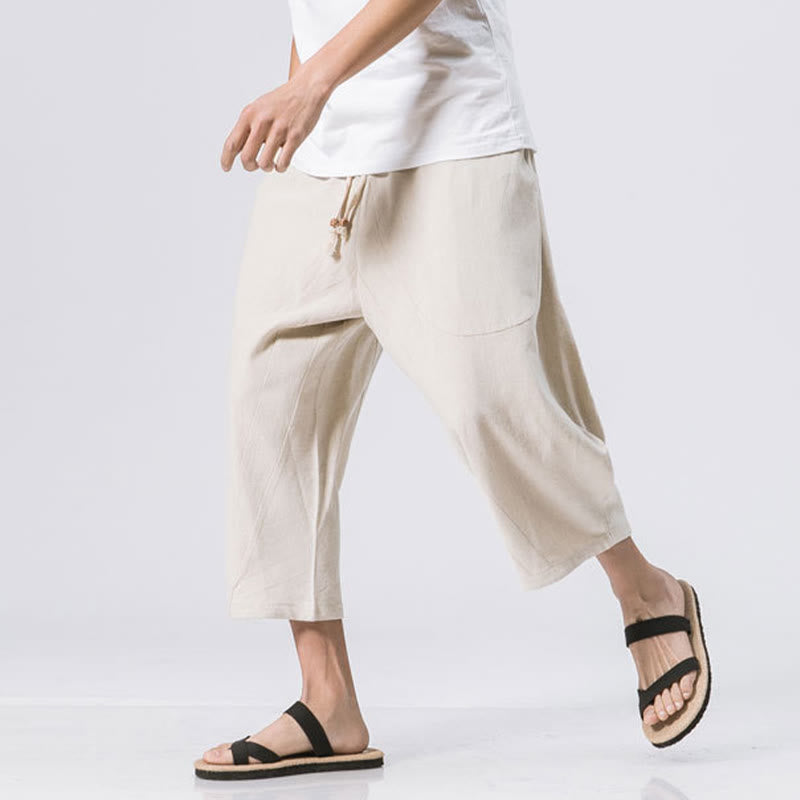 Buddha Stones Summer Casual Simple Plain Design 7-8 Length Men's Cotton Linen Drawstring Pants With Pockets - Beige - US/UK/AU46，EU56 (5XL) - image 14