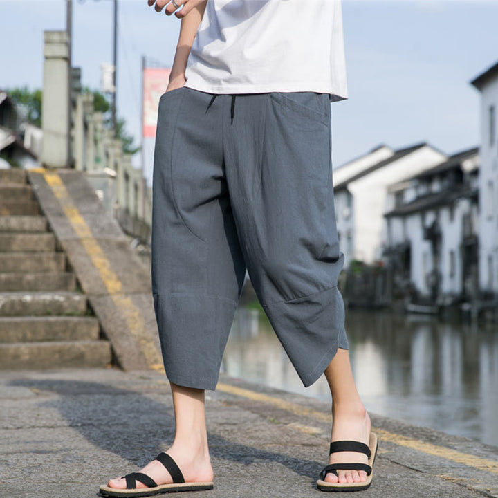 Buddha Stones Summer Casual Simple Plain Tapered Design Drawstring Men's  7-8 Length Cotton Linen Pants With Pockets - SteelBlue - US/UK/AU46，EU56 (5XL) - image 0