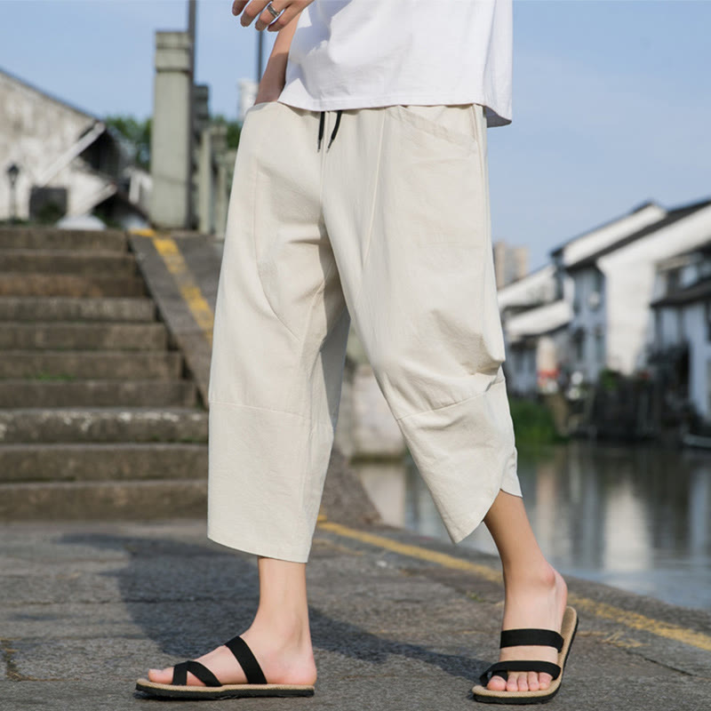 Buddha Stones Summer Casual Simple Plain Tapered Design Drawstring Men's  7-8 Length Cotton Linen Pants With Pockets - image 17