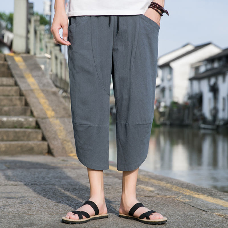 Buddha Stones Summer Casual Simple Plain Tapered Design Drawstring Men's  7-8 Length Cotton Linen Pants With Pockets - image 1
