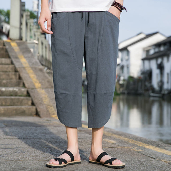 Buddha Stones Summer Casual Simple Plain Tapered Design Drawstring Men's  7-8 Length Cotton Linen Pants With Pockets - image 1