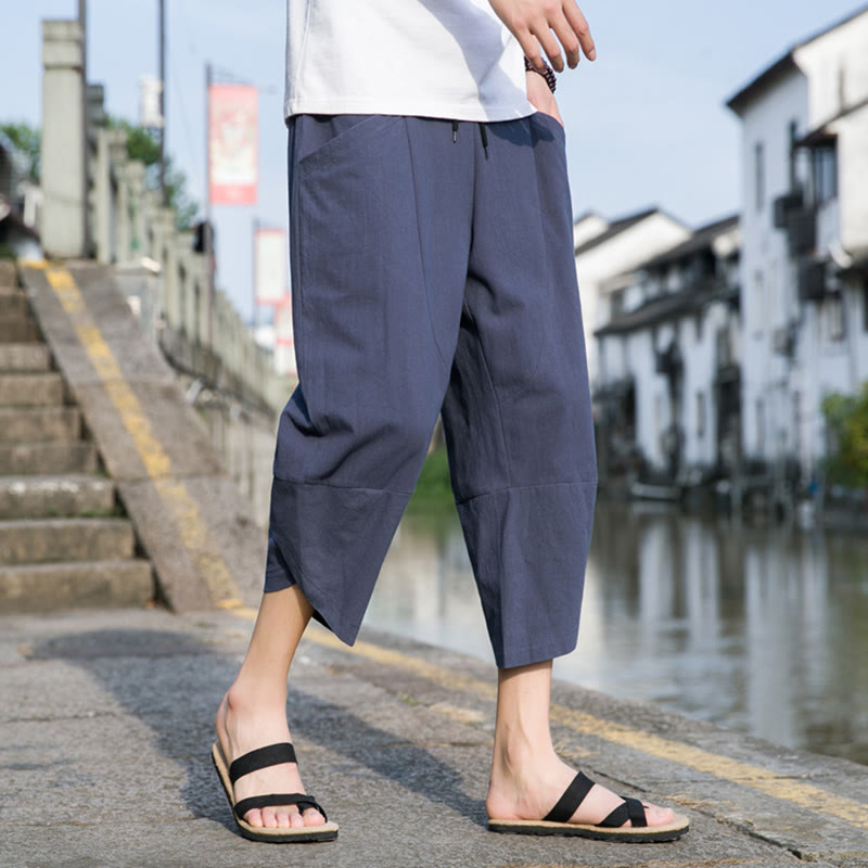 Buddha Stones Summer Casual Simple Plain Tapered Design Drawstring Men's  7-8 Length Cotton Linen Pants With Pockets - LightSlateGray - US/UK/AU46，EU56 (5XL) - image 13