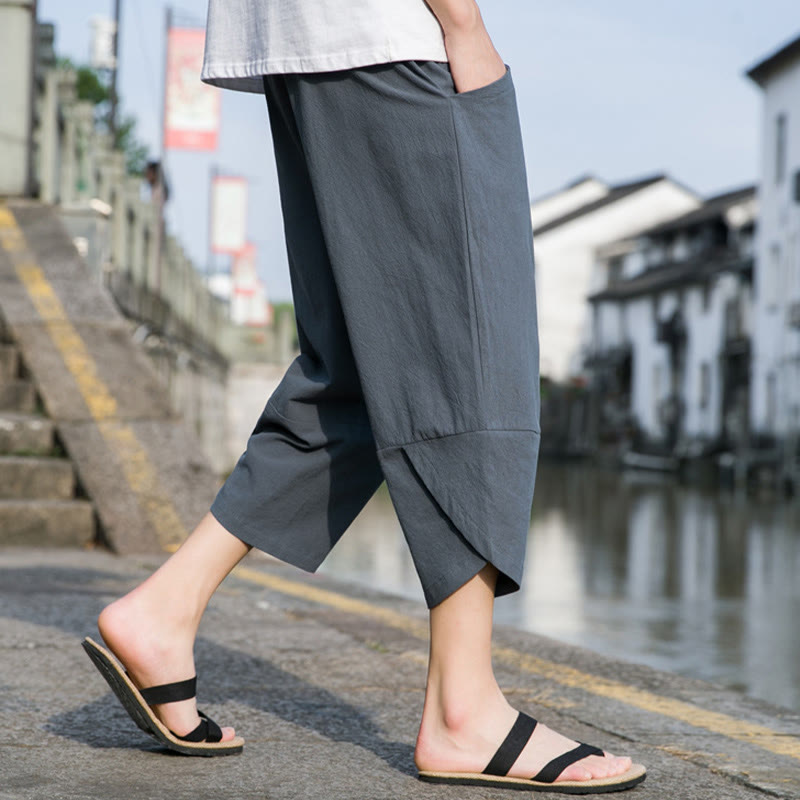 Buddha Stones Summer Casual Simple Plain Tapered Design Drawstring Men's  7-8 Length Cotton Linen Pants With Pockets - image 2