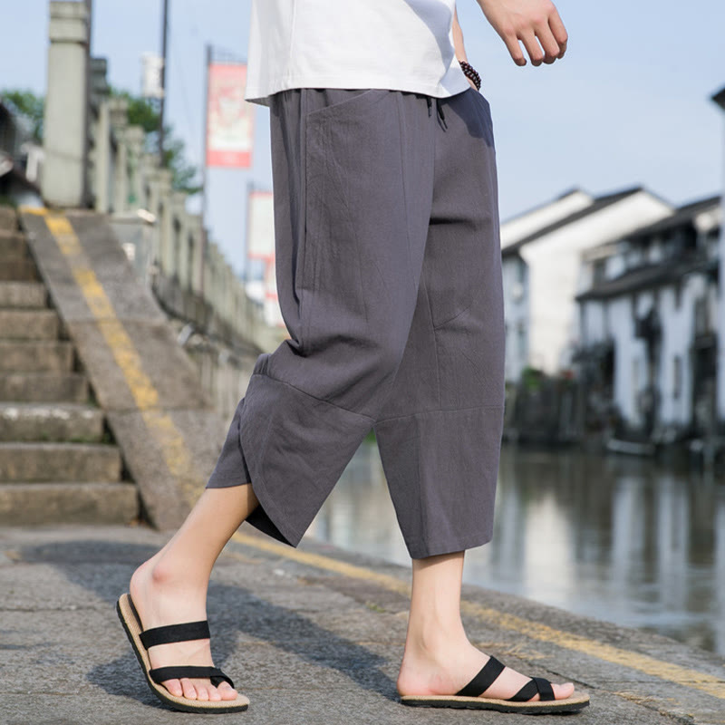 Buddha Stones Summer Casual Simple Plain Tapered Design Drawstring Men's  7-8 Length Cotton Linen Pants With Pockets - DimGray - US/UK/AU46，EU56 (5XL) - image 9