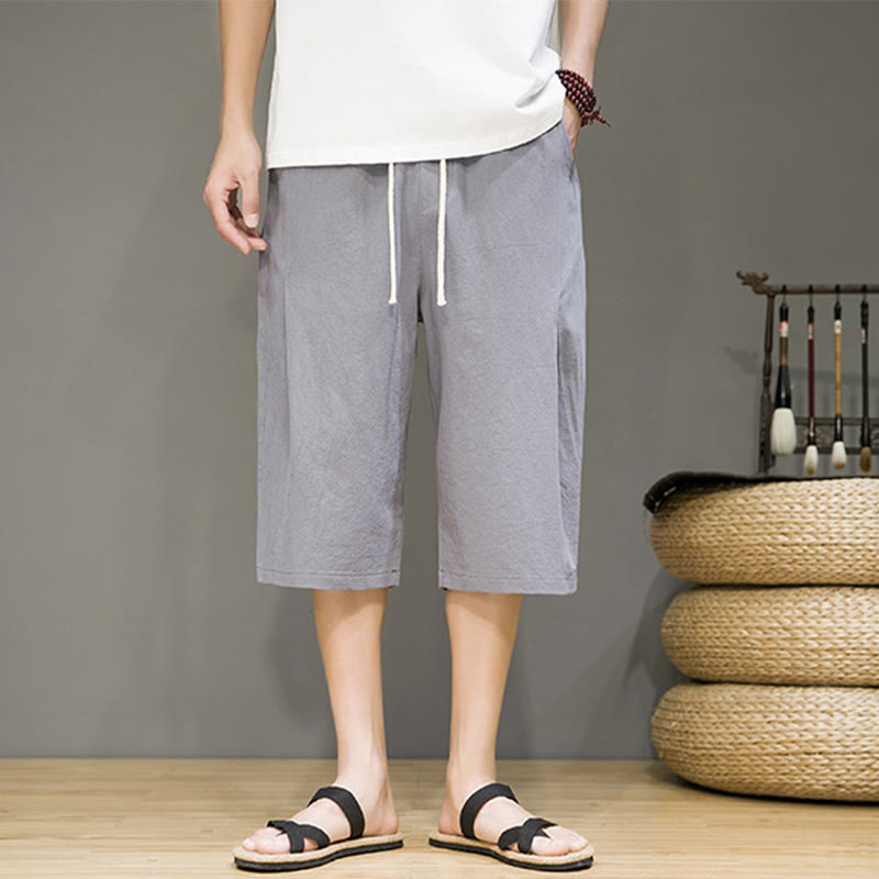Buddha Stones Casual Summer Drawstring Solid Color Cropped Cotton Linen Men's Harem Pants With Pockets - image 20