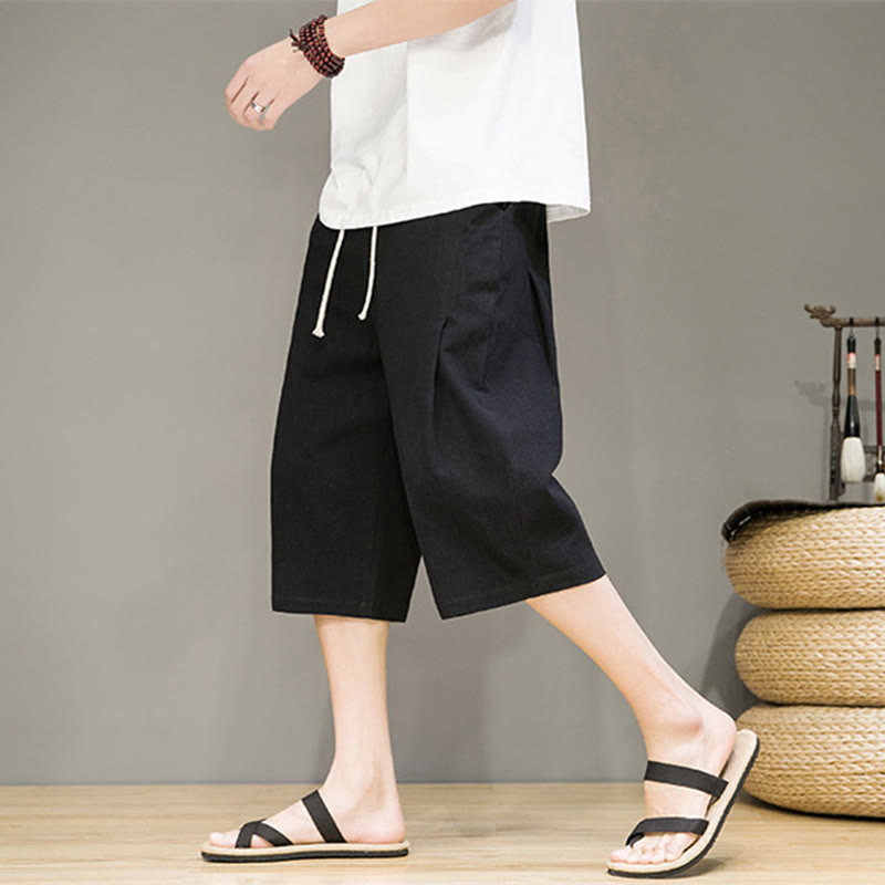 Buddha Stones Casual Summer Drawstring Solid Color Cropped Cotton Linen Men's Harem Pants With Pockets - image 10